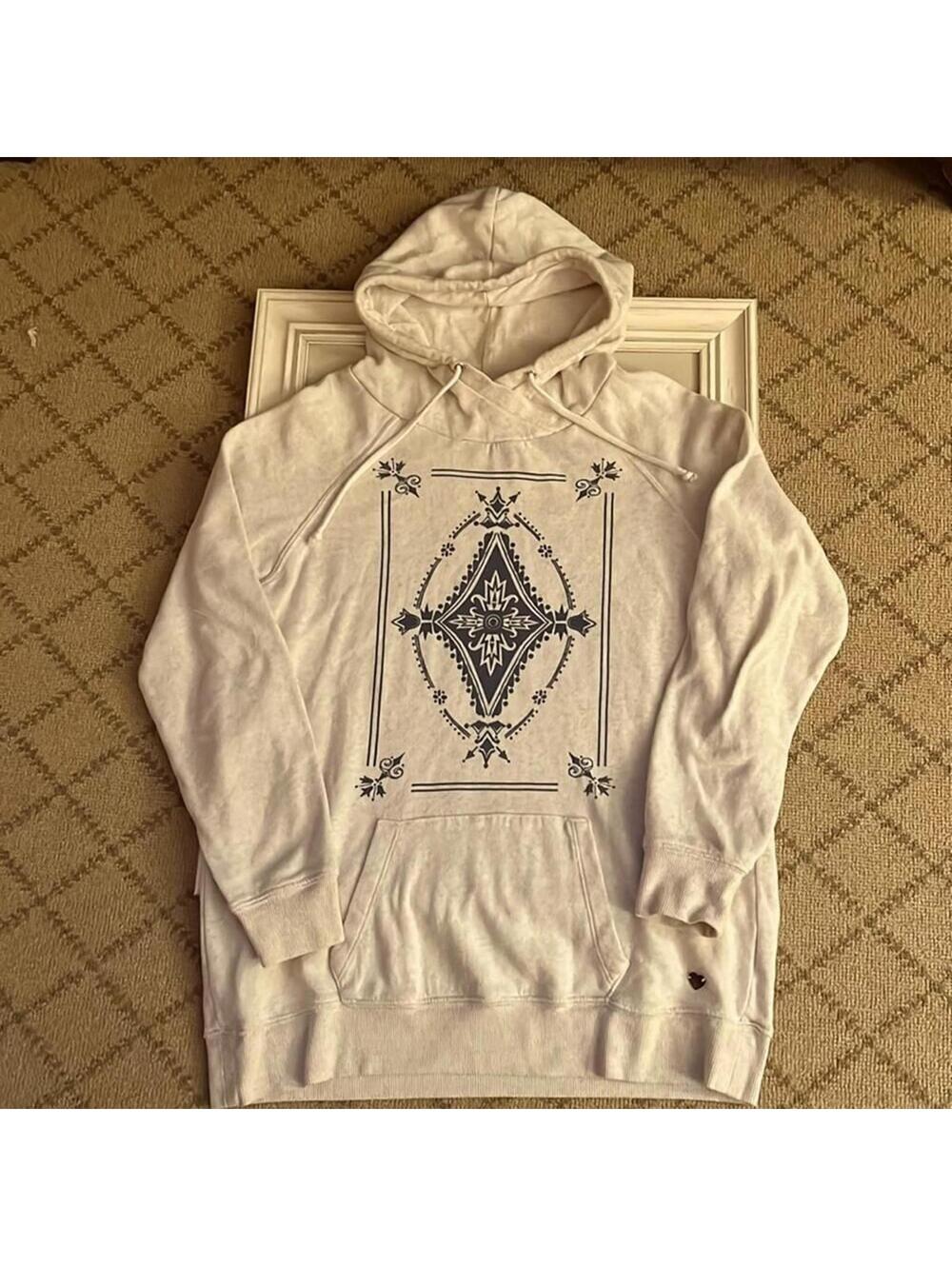 Kendall and Kylie oatmeal hooded sweatshirt w crossover neck and blue design M